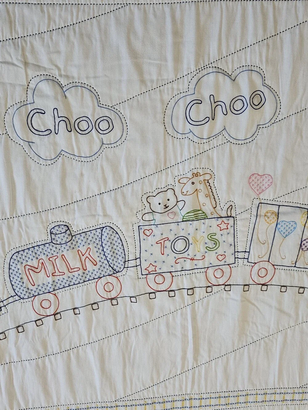 Hand Embroidered Train Baby Quilt, 38x58
